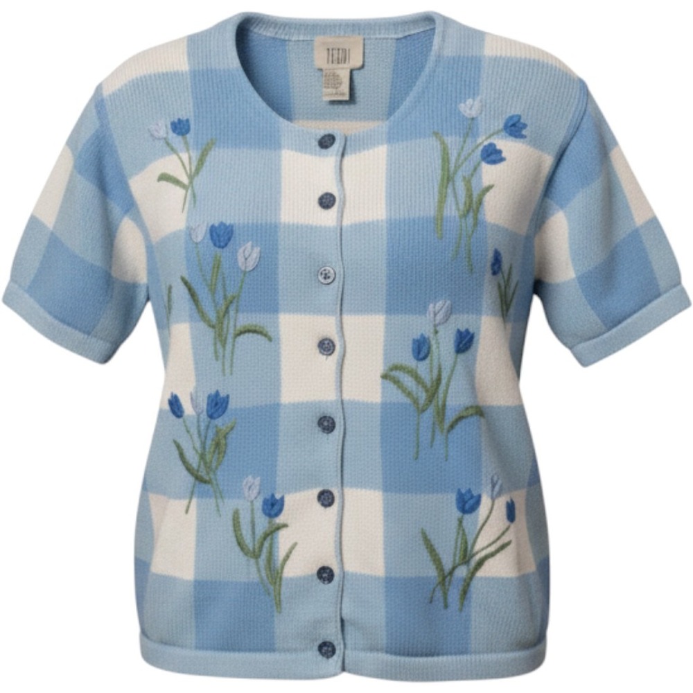 Teddi Cardigan Sweater Womens L Blue Gingham Floral Knit Excellent Cottagecore